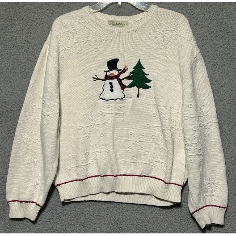 Vintage Cabela White Crew Neck Sweater Festive Snowman Sz XL Christmas Ugly G113